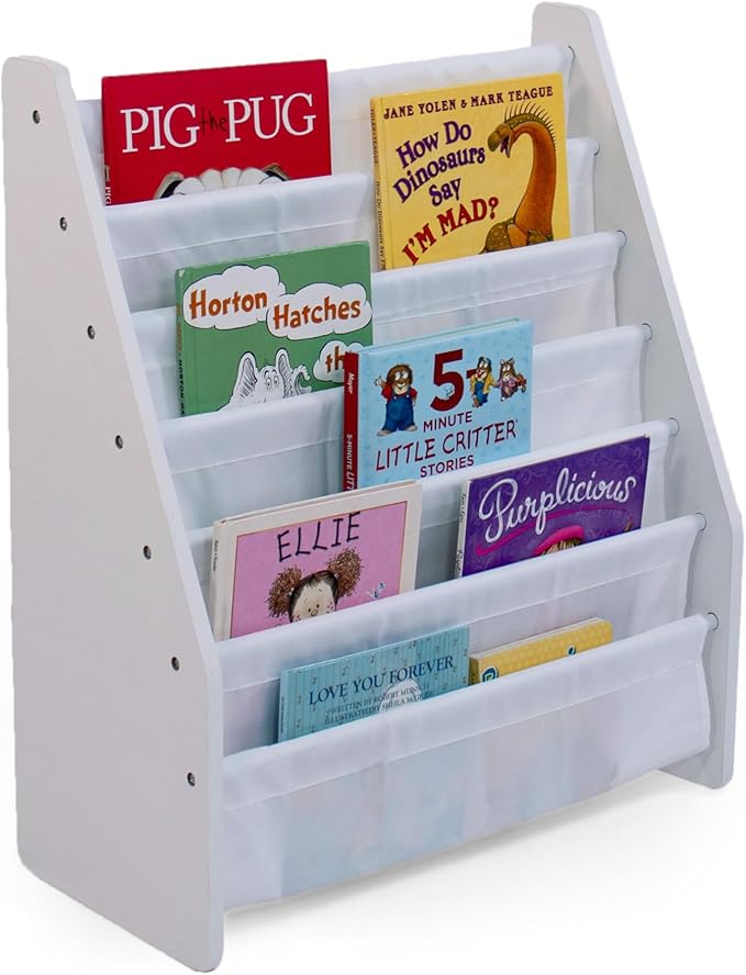 Humble Crew Kids Bookshelf 6-Tier Book Rack Organizer, Extra Large Bookcase with Fabric Storage Pockets, White/White