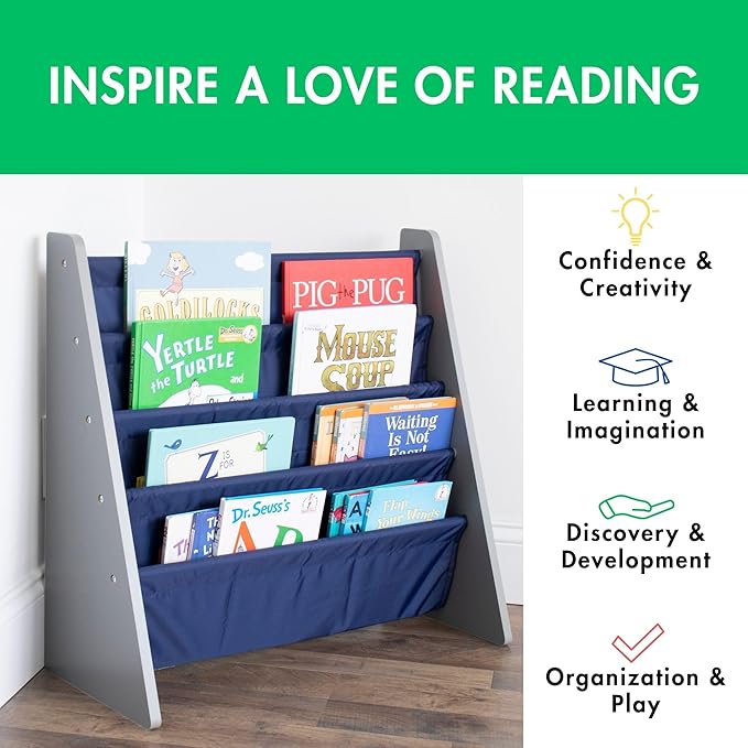Humble Crew Kids Bookshelf, 4-Tier Front-Facing Book Display Organizer, Montessori Toddler Bookcase for Playroom, Bedroom & Reading Corner, Grey Wood/Navy