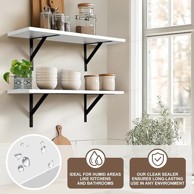 Heavy Duty Long Wall Shelves Set of 2, Floating Shelves Wall Mounted with Industrial Brackets, 40lbs Capacity Shelves for Laundry Room, Kitchen, Bathroom, Living Room (24"*8",White)