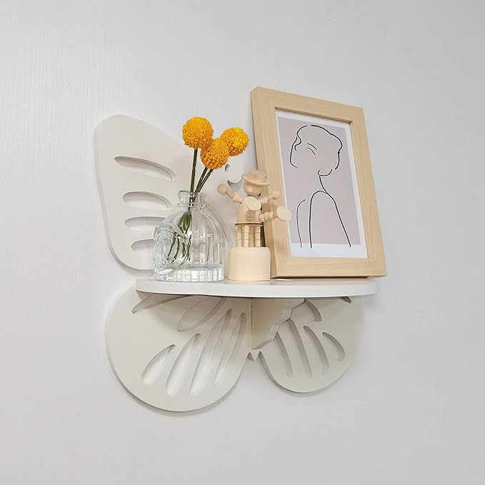 Butterfly Shaped Nursery Wall Deor Floating Shelf, Cute Wall Display Rack for Kid’s Room, Small Decorative Shelf Wall Mounted, White Hanging Wall Shelf for Toys, Plants and Decorations Storage, White