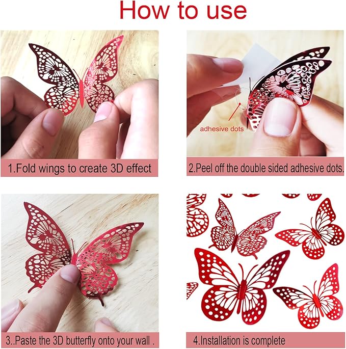JOSDIOX 3D Red Butterfly Wall Stickers - 48 Pcs with 4 Styles & 3 Sizes, Removable Decor for Party Birthday Wedding Balloon Decoration (48 Red)