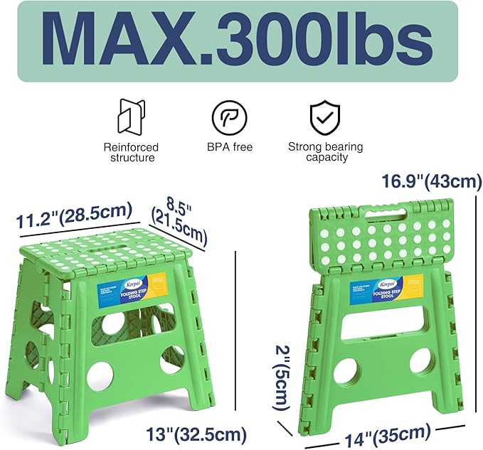 Korpai 13" Folding Step Stool for Adults and Kids Holds Up to 300 lbs,Non-Slip Folding Stools with Portable Handle, Compact Plastic Foldable Step Stool for Bathroom,Bedroom, Kitchen,Green,1PC