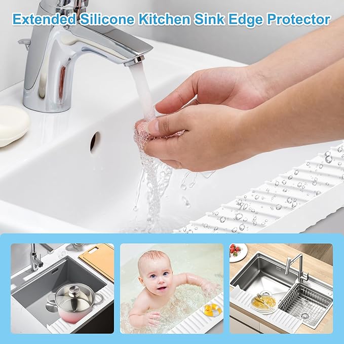 Silicone Sink Edge Protectors 4" x 24", Upgrade Kitchen Sink Splash Guards With Suction Cup, Splash Guard For Bathtub Sink, Countertop Protectors For Quartz Kitchen Sink（Transparent White）
