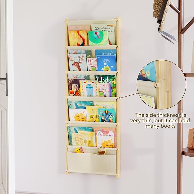 Wood 6-Tier Wall Mounted Kids Bookshelf – Floating Book Shelf For Kids Rooms,Nursery & Classroom, Hanging Bookcase Organizer For Books,Toddler Book Shelf, Montessori Bookshelf, Nursery Shelves