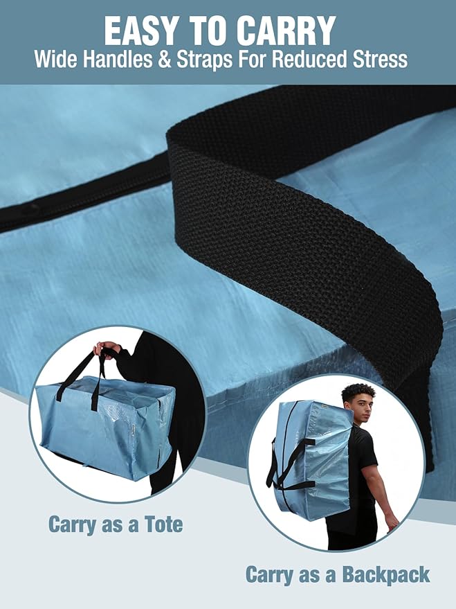 WORKPRO 4 Pack Extra Large Moving Bags with Zippers & Carrying Handles Backpack Straps, Heavy-Duty Storage Tote for Space Saving & Storage, Alternative to Moving Box (Dusty Blue)