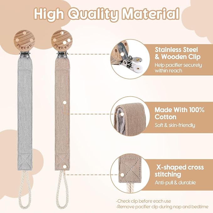 TYRY.HU Ribbon Pacifier Clip Holder,2 Pack Binky Paci Holder Clips, Pacifier Leash for Baby Boys and Girls, Soft Webbing Strap Universal Fits for Most Pacifier, Styles & Teethers Toys(Khaki,Grey)