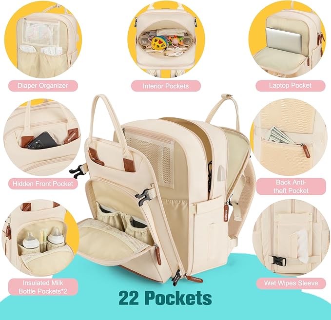 Diaper Bag Backpack,BAGPARKK Multi function Baby Bag with Portable Changing Pad, Pacifier Holder,Waterproof Diaper Bags with USB Charging Port,Anti-Theft Travel Backpack for Mom, Dad, Newborn (Beige)