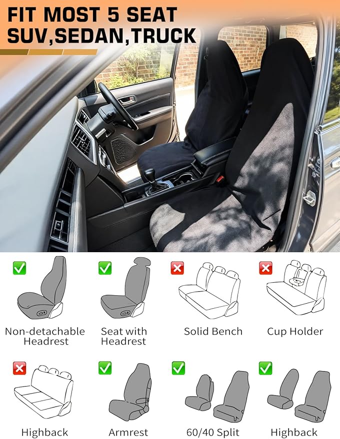 Universal Car Seat Cover Towel, Waterproof Washable Sweat Protection for Front Bucket Seats, Non-Slip Fit, Fits Cars SUVs Trucks, Ideal for Gym, Kids, Pets, Outdoor Sports, Travel (Gray, 1 Pack)