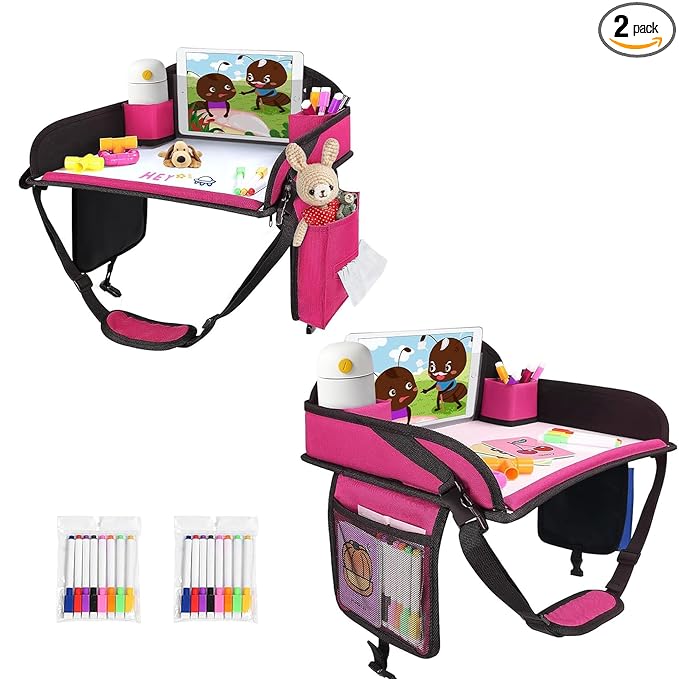 2Pcs ‎Kids Travel Tray, Kids Travel Trays for Car Seat, Road Trip Essentials for Toddler, Carseat Lap Tray with Dry Erase Board & Storage Organizer for Road Trip Activities for Kid, Pink