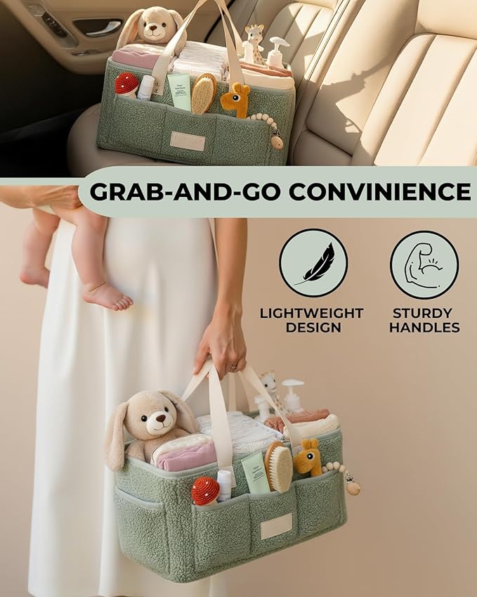 Toodly Baby Diaper Caddy Organizer with Portable Changing Mat - Teddy Fleece Diaper Organizer for Changing Table - Basket for Changing Essentials - Baby Essentials Organizer with Removable Dividers