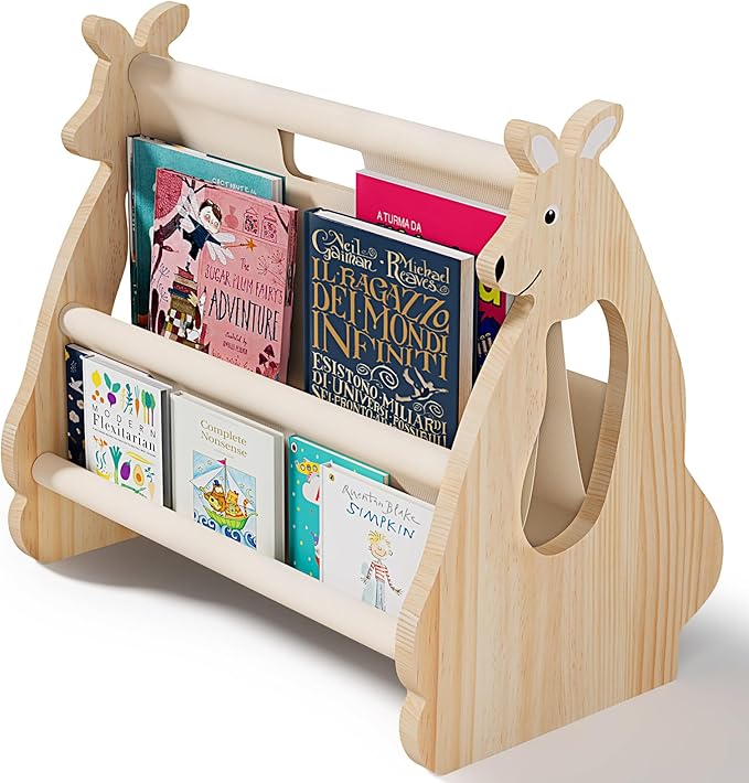Lullulii Double Sided Kids Bookshelf –2 Tier Portable Toddler Bookshelf,Book Shelf for Kids Rooms & Playroom,Wooden Montessori Baby Bookshelf,Toddler Book Display Shelves (Nature, Kangaroo)