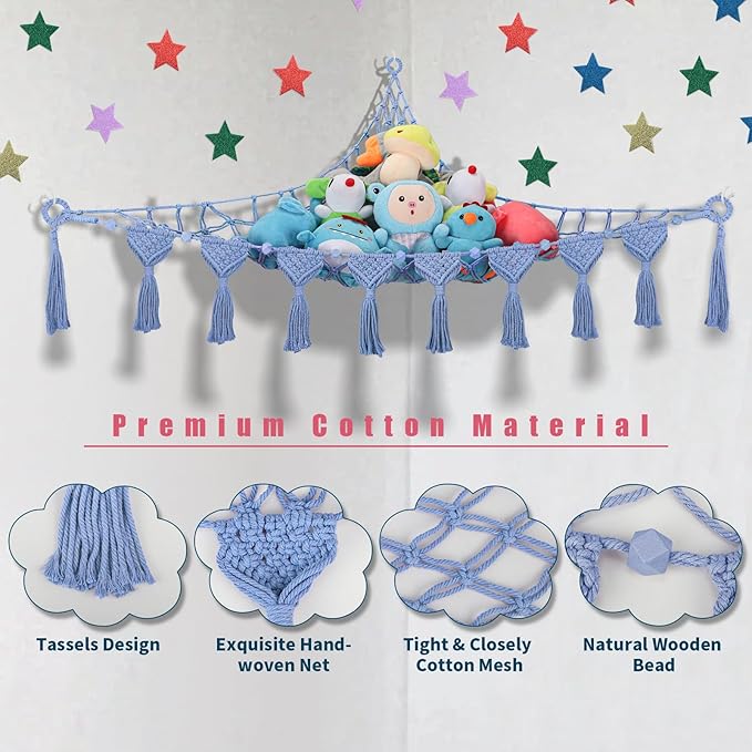 Stuffed Animal Hammock Corner - 56'' Jumbo 5mm Double Macrame Cord Handcrafted Stuffed Animal Net - 100% Natural Cotton Toy Hammock Holder - Cornflower Blue Stuffy Plushie Net w/LED Star Light