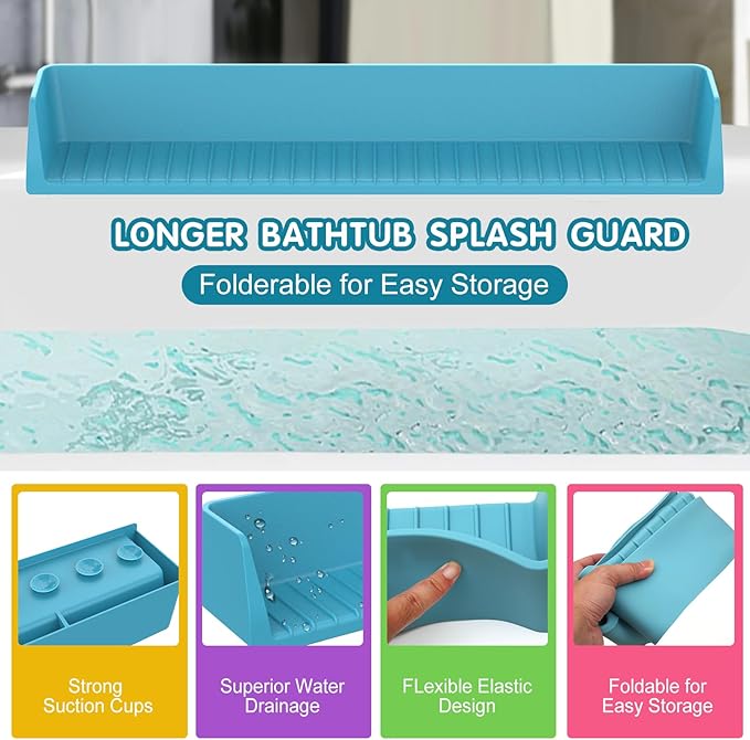 Bathtub Splash Guard for Tub Kids, Longer Silicone Water Splash Guard for Bathtub, Toy Holder Play Shelf for Bathtime, Prevents Water Spills in Bathroom