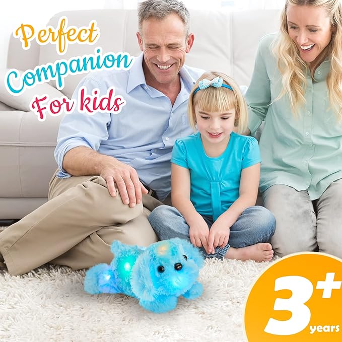 WEWILL 10'' Light up Blue Puppy Dog LED Stuffed Animal with Colorful Night Light Glow Soft Plush Toy Gifts for Kids on Christmas Birthday