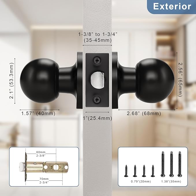 Knobonly 3 Pack Keyless Indoor Door Knob, Matte Black Passage Door Knobs, Interior Door Knobs, Stainless Steel