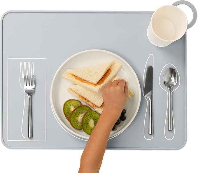 Kids Silicone Montessori Placemat for Toddlers | Children Plate Mat for Dining Table Setting | by Fire Rooster Kids (Grey, 1)