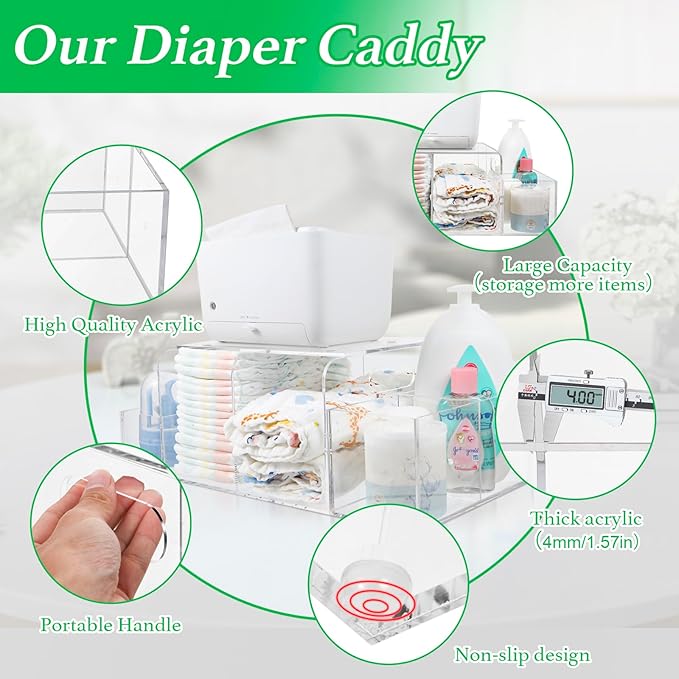 Acrylic Diaper Caddy, Baby Wipes Organizer for Changing Table, Dresser Top Tabletop Organizer with 4 Detachable Compartments, Anti-slip Rubber Feet, Newborn Baby Essentials, Clear