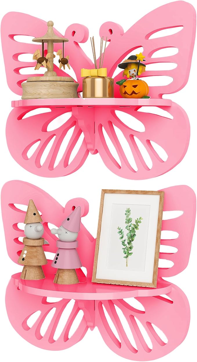 2-Tier Butterfly Wall Shelf - Nursery Decor Pink Floating Corner Shelves, Cute Wall Display Rack Bookshelf for Kid’s Room, Solid Wood Hanging Hollow Out Shelf for Toys, Plants and Decorations Storage