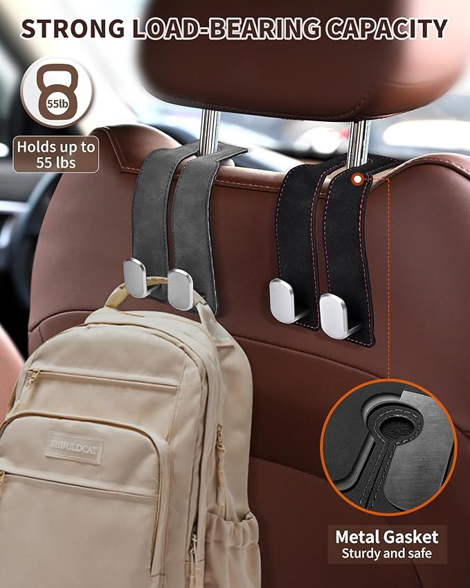 Headrest Hooks for Car, 4 Pack Car Seat Back Organizer Storage Hook, Double Hook Car Seat Hooks for Hanger Purses and Bags, Leather Purse Holder for Car, Grey