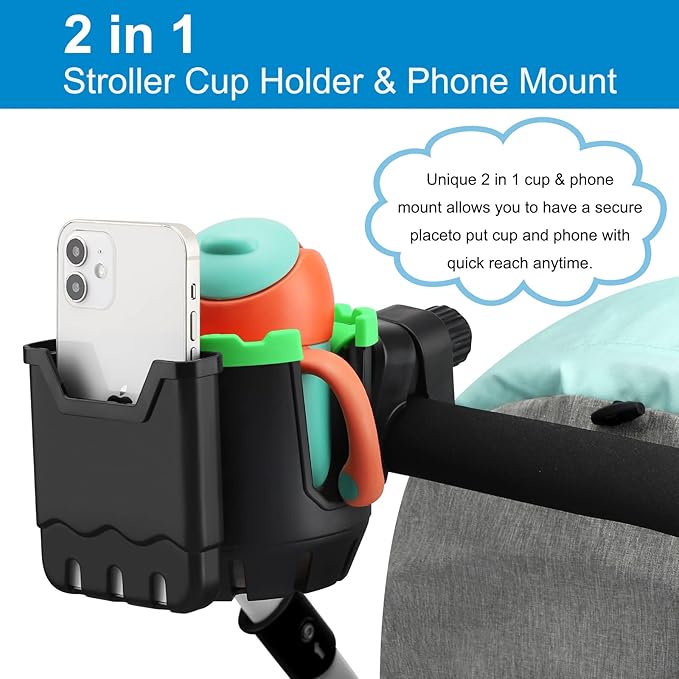 Accmor Stroller Cup Holder with Phone Holder, Universal Cup Holder, 2-in-1 Cup Phone Holder for Stroller, Bike, Walker, Wheelchair
