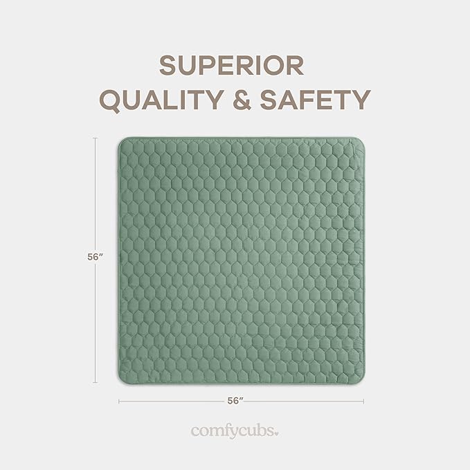 Comfy Cubs Square Kids Play Mat - 56 x 56 inches Soft Quilted Baby Floor Mat with Non-Slip Bottom - Plush Design for Toddlers' Playtime - Comfortable and Durable - Fern