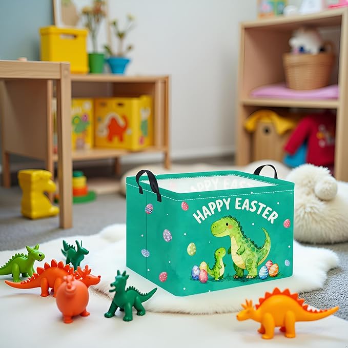 TIBAOLOVER Rectangular Easter Basket Baby Storage Basket with Handles for Home Kitchen Boys and Girls Cute Storage Bin Organizer Shelf Book Room Decor(Green Dinosaur)
