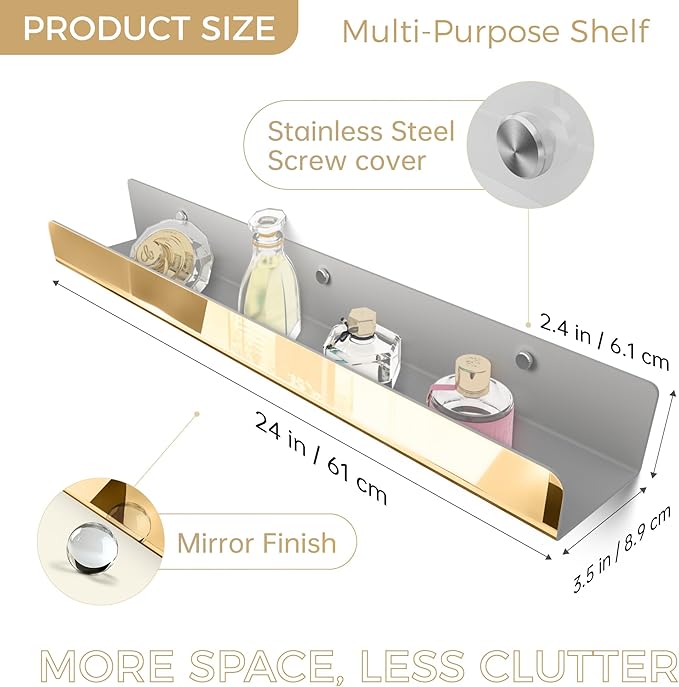 RORKIM 2 Pack 24 Inch Gold Reflective Acrylic Shelves, Gold Foating Shelves, Modern Sunglasses Essential Oil Picture Ledge Display Toy Storage Shelf
