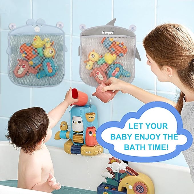 Storawo 2 Pack Mesh Bath Toy Organizer, Cute Shark & Bear Bath Toy Storage Net Bathtub Toy Organizer, Perfect Bathroom Hanging Storage Bag Quick Dry Bath Toy Holder Bag with 8 Strong Hooks (Set A)