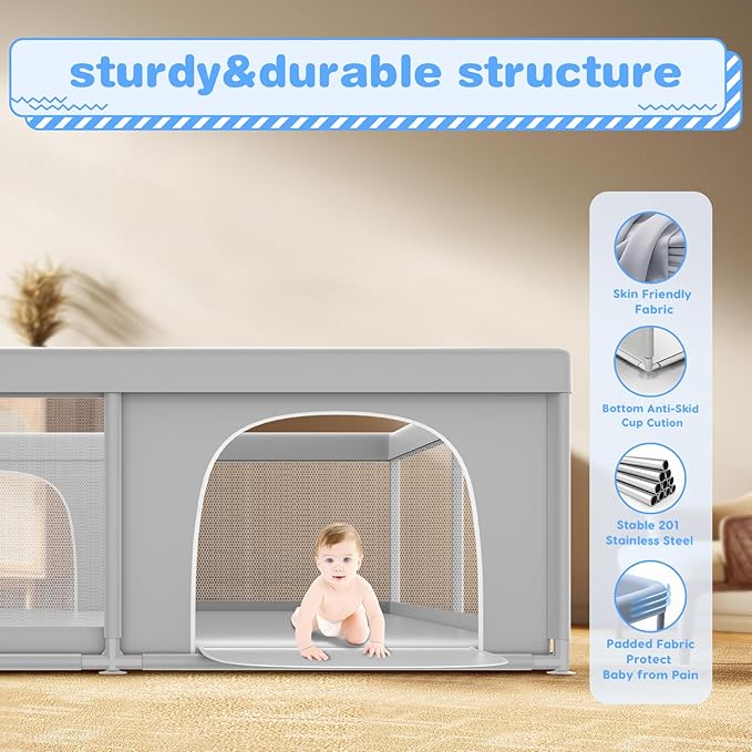 Baby Playpen, 79 x 79 Inch Play Pen, Playpen for Babies and Toddlers, Baby Playard for Indoor & Outdoor Active Center Game Fence, with Skin-Friendly Fabric and Soft Breathable Mesh Grey