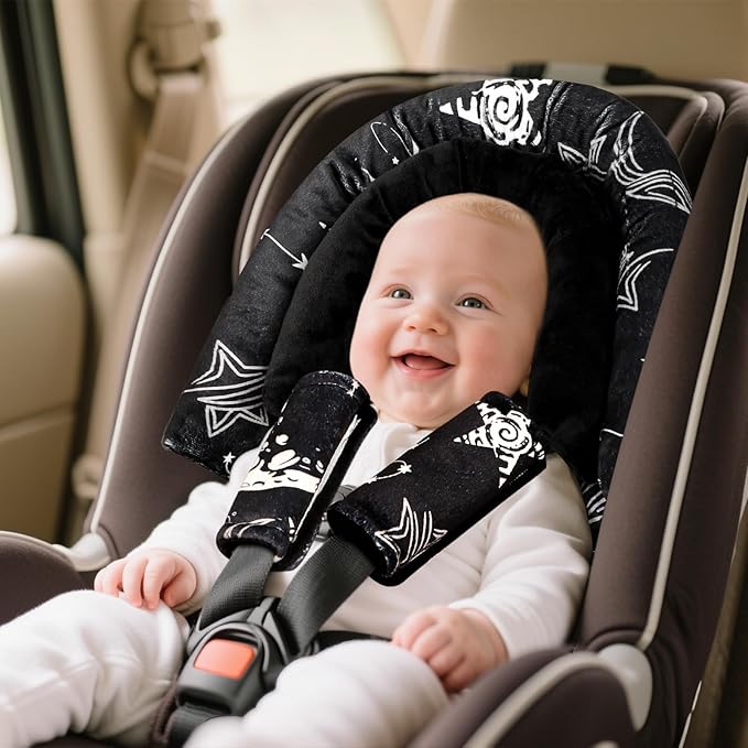 GFU Baby Car Seat Head Support for Newborn, 2 in 1 Infant Car Seat Head Body Support with Strap Pads, Soft Stroller Cushion Pillow Insert for Girls, Fits for Stroller, Swing, Black Star