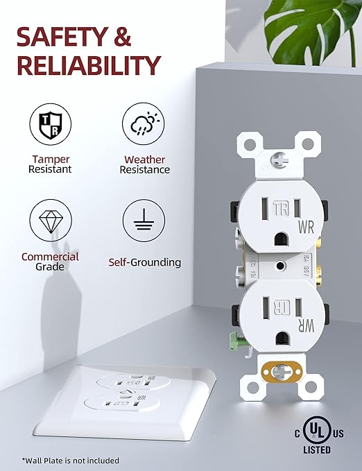 AIDA 15 Amps Outlets Duplex Electrical Receptacle Outlets,Weather Resistance & Tamper Resistant Electrical Receptacle, Wall Outlet,2 Pole,3-Wire, Self-Grounding, NEMA 5-15R,UL Listed 10 Pack, White