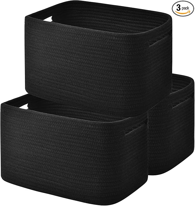 Issudata Storage Basket, Woven and Cotton Rope Baskets for Organizing, Decorative Book, Towel, Toy Baskets or Storage Bins for Living Room - 3 Pack, Black