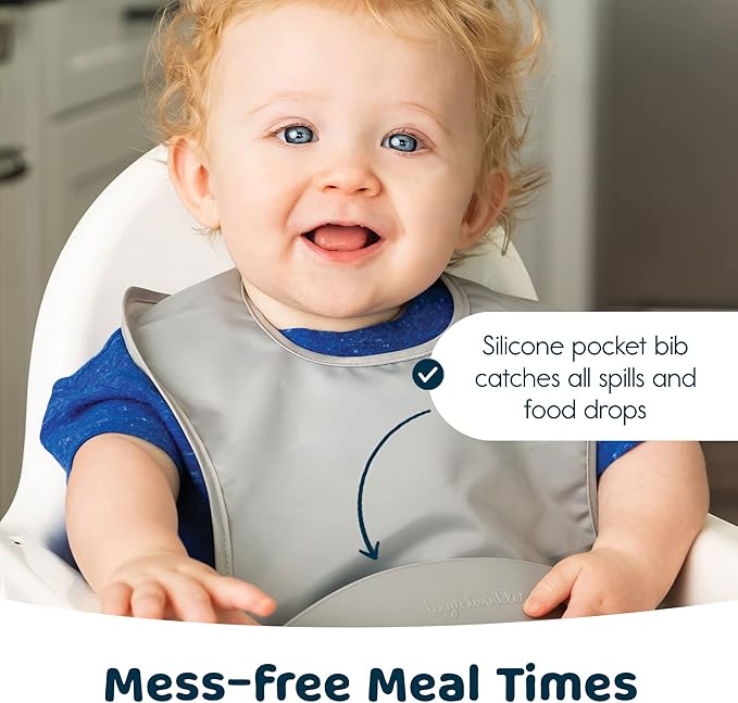 Tiny Twinkle Silicone Pocket Bibs - Waterproof, Food Catching, Mess-Proof Bibs for 6-24 Months Baby Boy and Girl, Toddlers
