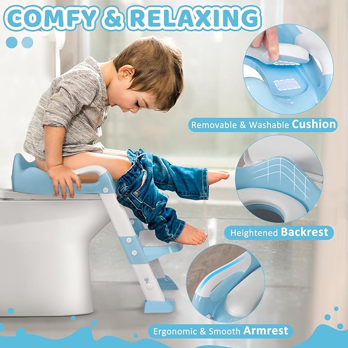 Potty Training Seat with Step Stool, Toddler Toilet Seat w/Ladder, Potty Training Chart, Splash Guard & Upgraded Non-Slip Pads, Kids Foldable Training Toilet Potty Chair for Boys Girls (Blue)