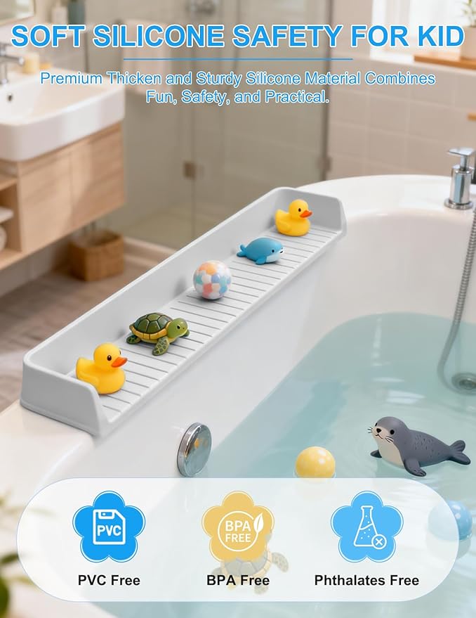 Splash Guard for Bathtub 31.5 Inch Silicone Tub Splash Guard with 11 Suction Cups Foldable Bath Toy Holder & Play Shelf Prevents Water Spills for Standard Tubs (Light Gray)