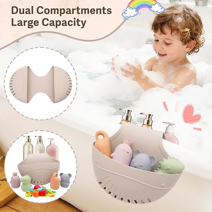 Silicone Bath Toy Organizer for Tub, Flexible 2-Compartment Bathtub Storage Basket for Kids & Adults, Drainable Toy Holder and Foldable Shower Caddy for Bathroom Essentials（Beige）