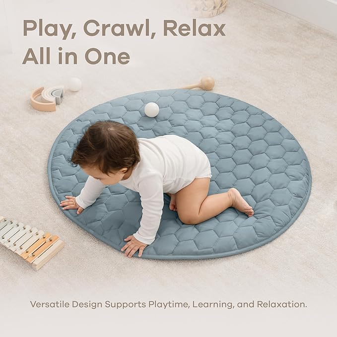 Comfy Cubs Round Kids Play Mat -Small 36 inches Soft Quilted Baby Floor Mat with Non-Slip Bottom - Plush Design for Toddlers' Playtime - Comfortable and Durable - Pacific Blue