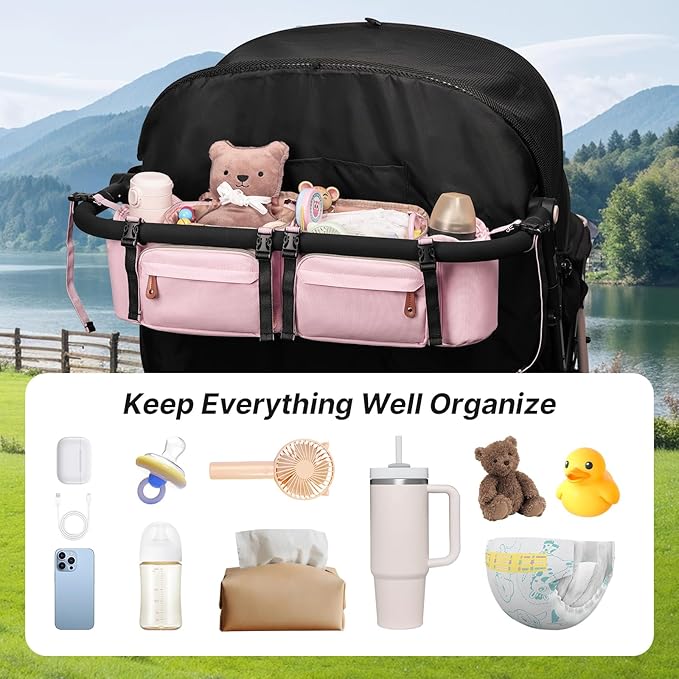 Double Stroller Organizer for Bob Duallie and Baby Jogger City Mini GT2, Double Stroller Caddy Organizers with Cup Holder and 2 Cooler Pockets Parent Console Double Stroller Accessories