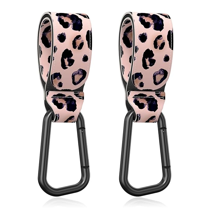 Baby Stroller Hooks for Hanging Bags, Universal Stroller Clips Accessories, Mommy Hook for Diaper Bag, Shopping Cart, Purse, Backpack - 2 Pack, Leopard Spots