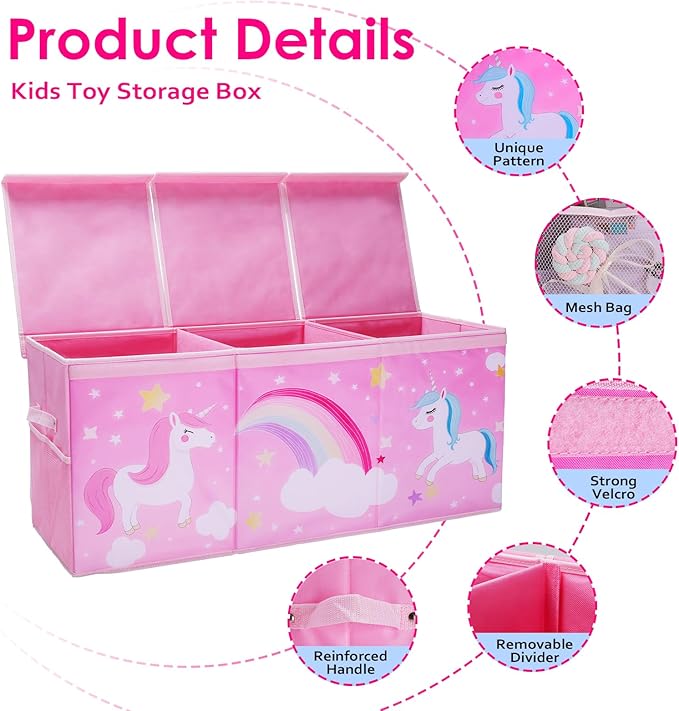 decalsweet Unicorn Extra Large Toy Box Chest with Flip Lid for Kids, Collapsible Oxford Toy Storage Box with Handles Mesh Pockets, Sturdy Waterproof Toy Box for Bedroom Playroom, 37.7×12.5×15.7 Inch