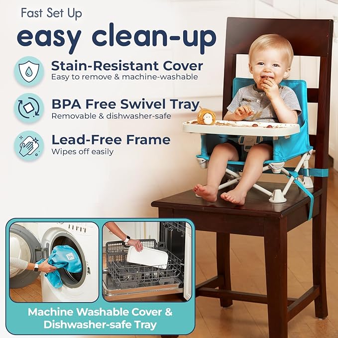 Hiccapop OmniBoost Travel Booster Seat with Tray for Baby | Folding Portable Seat for Dining Table, Camping, Beach, Grandma’s | Tip-Free Design Straps to Kitchen Chairs
