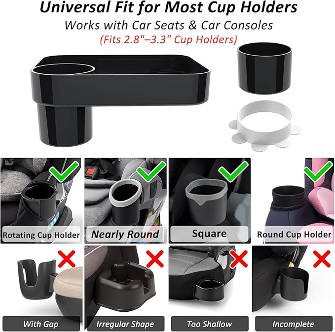 Car Seat Snack Tray for Kids, Mess-Free Square Travel Tray Cup Holder Snack Tray, Durable Car Food Tray for Toddlers, Universal Fit Kids Travel Road Trip Essentials (Black)