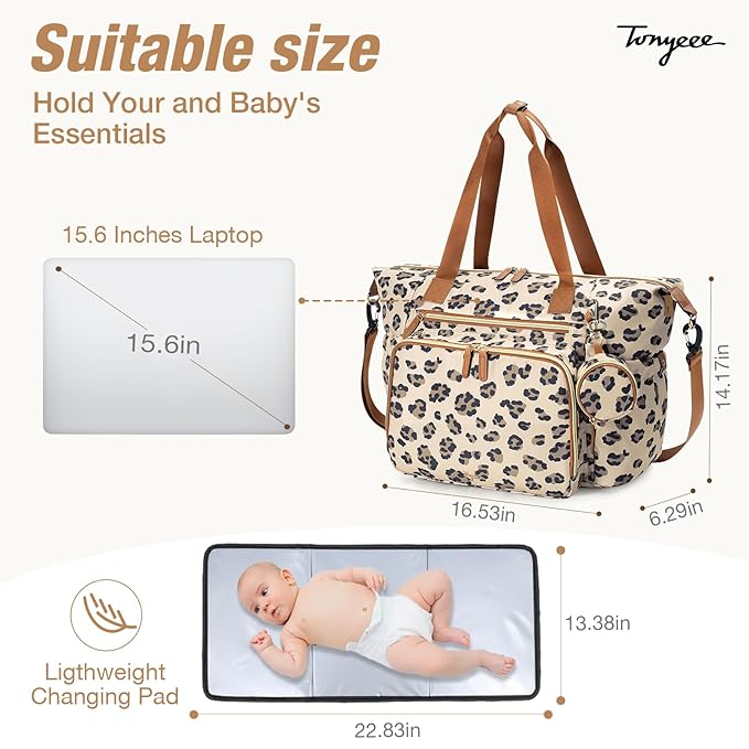 Tonyeee Diaper Bag Tote, Large Baby Diaper Bags for Travel, Hospital Bag for Labor Delivery with Pacifier Case, Changing Pad, Shoulder Strap, Leopard Print