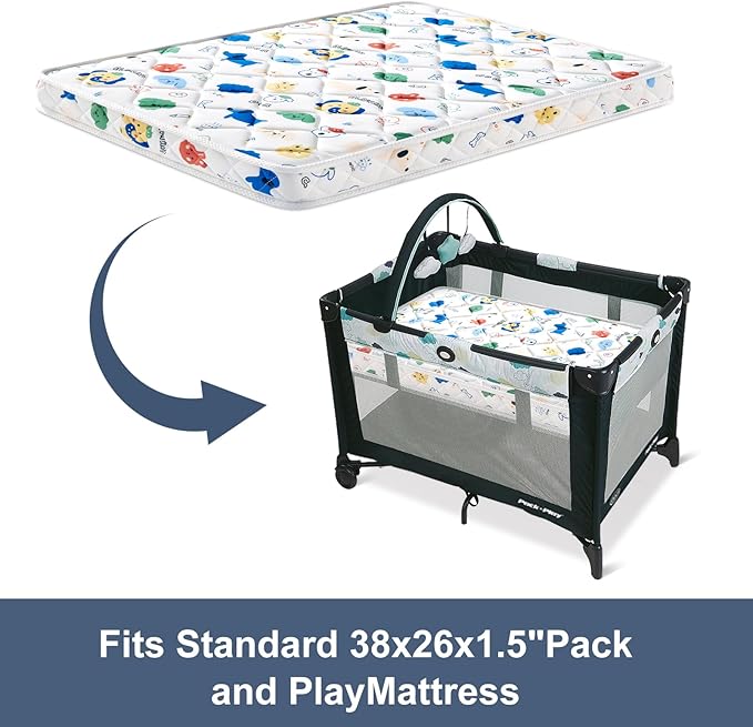 Pack and Play Mattress - 38" x 26"- Premium Cotton Fabric Safety Reinforced Play Yard Mattress - Fits for Graco & Baby Trend & Pamo Babe Playard, Firm Support and Comfort Foam