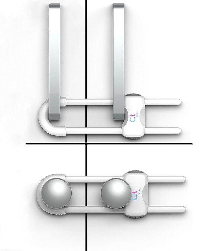 QT BABY Baby Proofing Cabinet Locks | Adjustable U Shaped Baby Safety Latches for Drawers, Fridge, Closet |Modern Baby Proofing Cabinet Lock with Extra Secure Lock Buttons (Pack of 2, White)