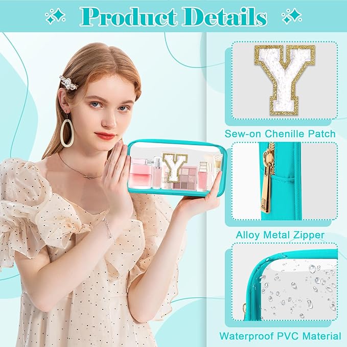 Personalized Initial Letter Clear Makeup Bag,Preppy Small Nylon&PVC Cosmetic Zipper Bag with Chenille Letter,Portable Beach Travel Skincare Toiletry Bag,Trendy Monogram Gift for Teen Girls Women,Y