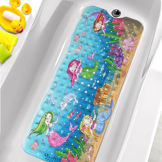 KINUUIS Bathtub Mats for Kids, Sea Ocean Mermaid Bath Mat for Tub Non Slip, 40 X 16 Inch Large Washable Bathtub Mat Non Slip for Showers with Drain Holes and Suction Cups