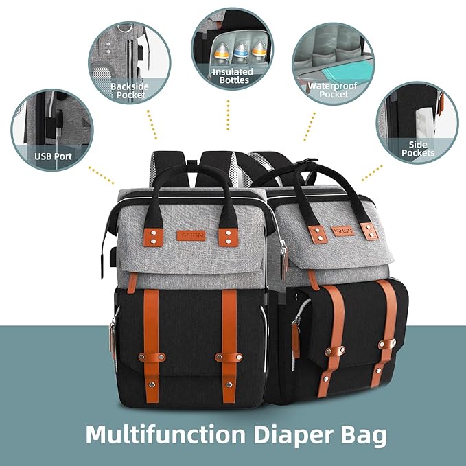 ISMGN Diaper Bag Backpack with Changing Station, Large Diaper Bag, Baby Bag, Multifunctional Diaper Bag, GreyBlack