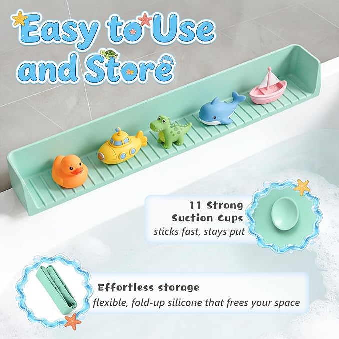 Splash Guard for Bathtub, Silicone Bathtub Splash Guard with Suction Cups, Bath Toys Holder Shelf, Bath Tub Side Tray for Bathroom Storage and Water Spill Prevention, Green