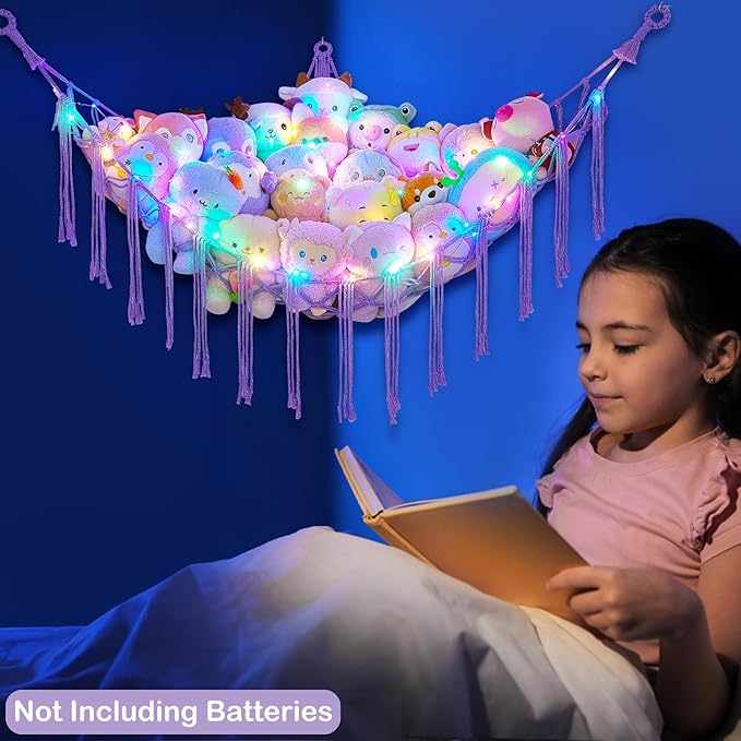 Basumee Stuffed Animals Net or Hammock with LED Light, Hanging Stuffed Animals Storage Toy Hammock Net Corner Wall Girls Room Decor Toy Storage Organizer, Purple, L